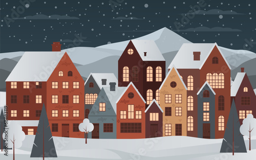 Cozy charming winter night panorama of a small town with houses with window lights, trees, and snow. For Christmas cards and greetings. Winter magic with its snowy landscape. Not AI generated.