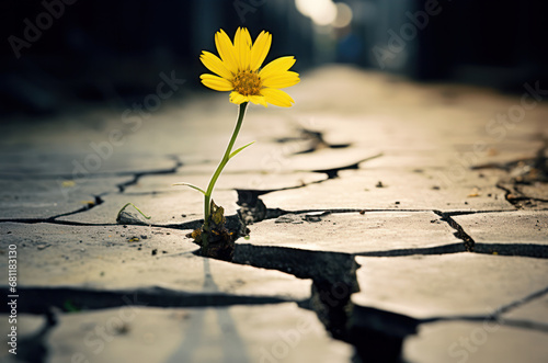 yellow flower growing through the cracked concrete road, hope concept © lmot11