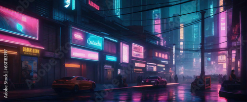 a futuristic  cyberpunk-inspired cityscape at night  with neon lights and holographic advertisements glowing brightly. Use a wide-angle lens and a cool color palette to evoke a sense of mystery