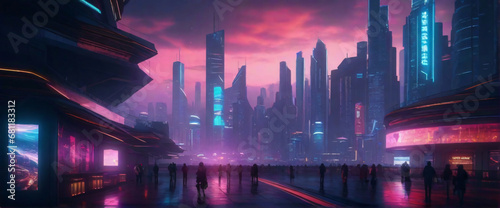 a futuristic  cyberpunk-inspired cityscape at night  with neon lights and holographic advertisements glowing brightly. Use a wide-angle lens and a cool color palette to evoke a sense of mystery
