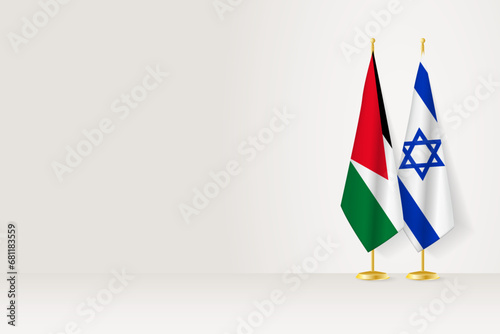 Flags of Jordan and Israel on flag stand, meeting between two countries.