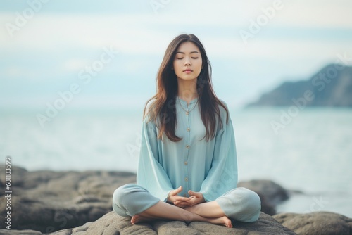 A young woman finds serenity on a coastal rock, practicing mindfulness and focused breathing by the seashore, enhancing her mental well-being a breathwork concept that harmonizes mind,body, and spirit photo