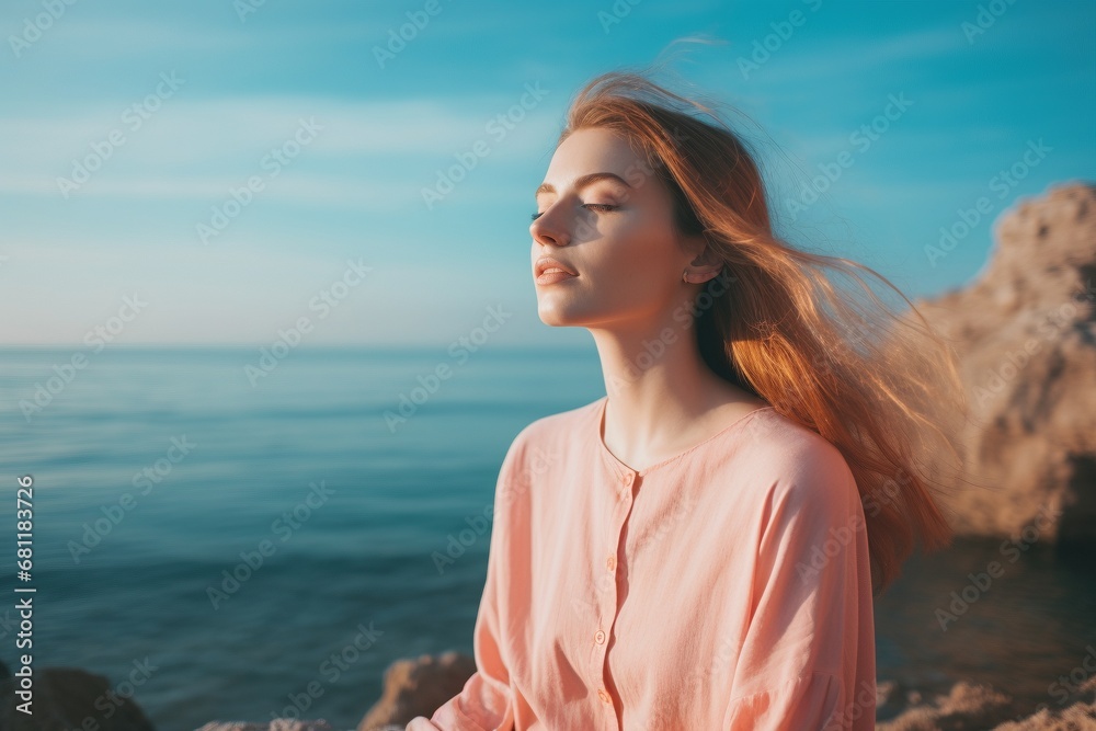 A young woman finds serenity on a coastal rock, practicing mindfulness and focused breathing by the seashore, enhancing her mental well-being a breathwork concept that harmonizes mind,body, and spirit A young woman finds serenity on a coastal rock, practicing mindfulness and focused breathing by the seashore, enhancing her mental well-being a breathwork concept that harmonizes mind,body, and spirit