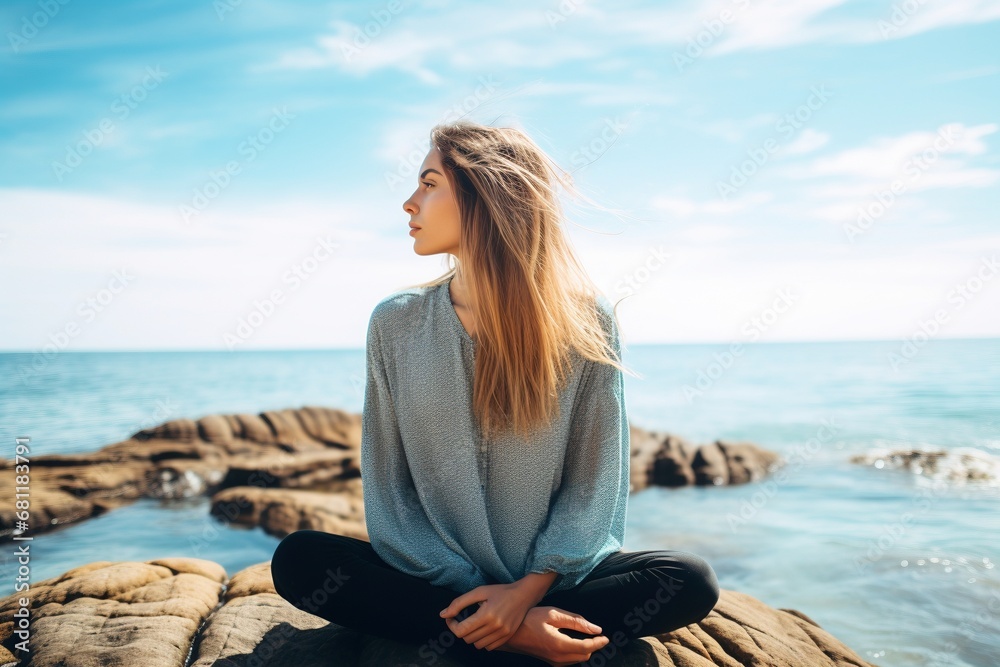 A young woman finds serenity on a coastal rock, practicing mindfulness and focused breathing by the seashore, enhancing her mental well-being a breathwork concept that harmonizes mind,body, and spirit
