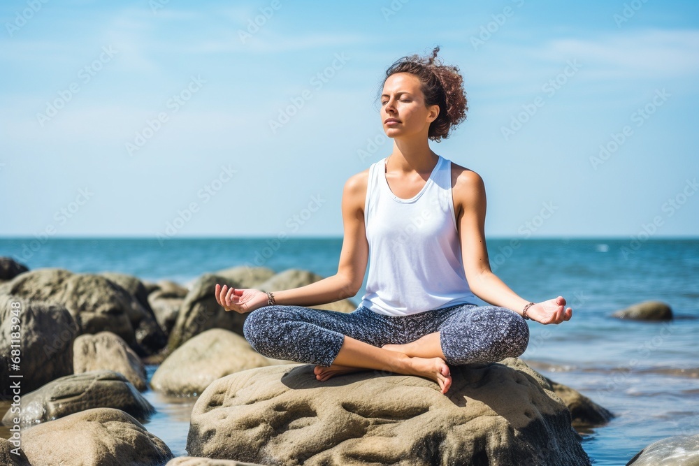 Coastal serenity: a young woman meditates on a seashore rock, practicing mindfulness and focused breathing for mental well-being—a breathwork concept embracing nature's calming influence