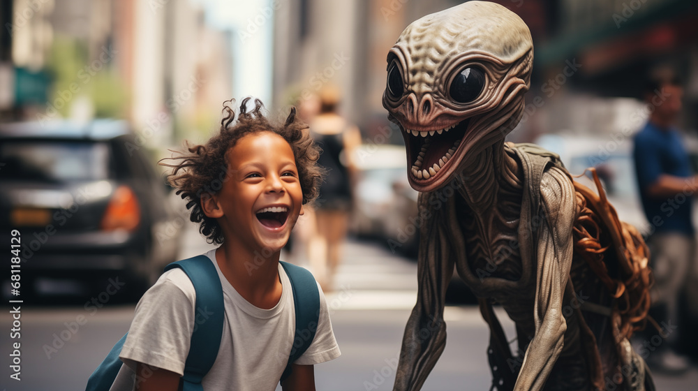Futuristic photography of a cute laughing child walks with his friendly alien on the street among surprised citizens