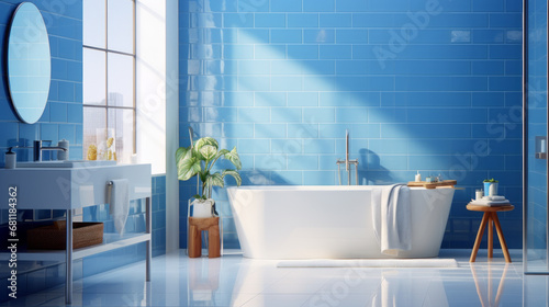 a bathroom with a blue tile wall and a tile floor and a white sink and a white bathtub photo