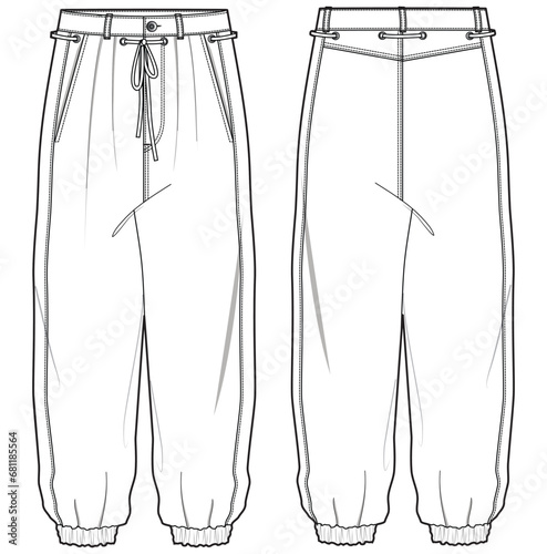 Men's Jogger pants front and back view flat sketch fashion illustration, Knitted track bottom pants vector template, Sweatpants design drawing photo