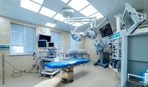 Surgery modern hospital room. Ward interior design with operating table.