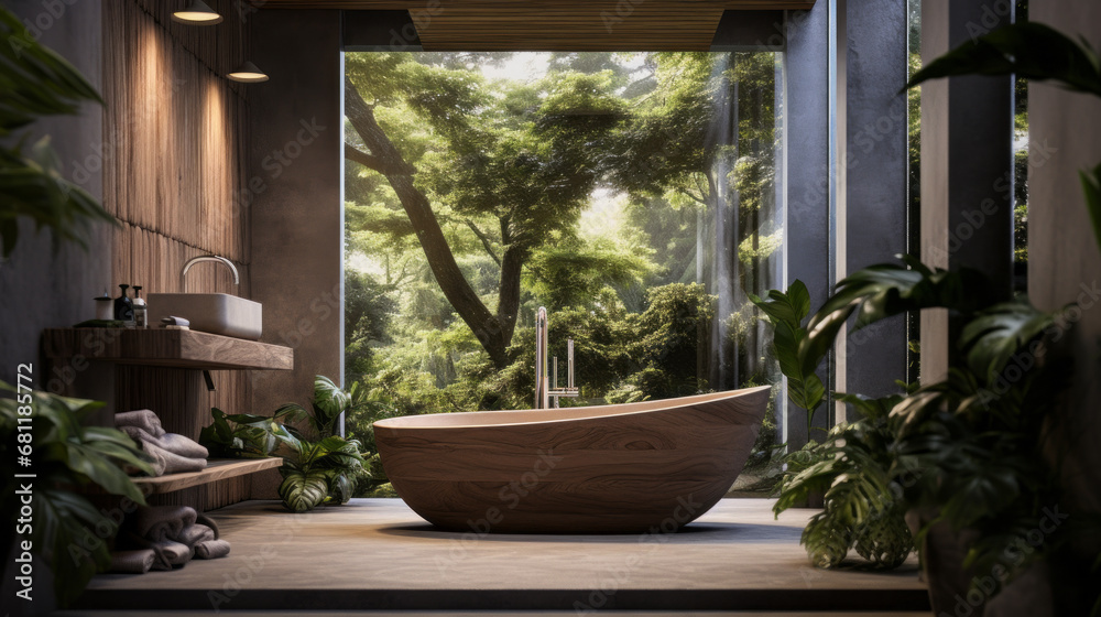 A bathroom oasis features a rainfall shower and a deep soaking tub