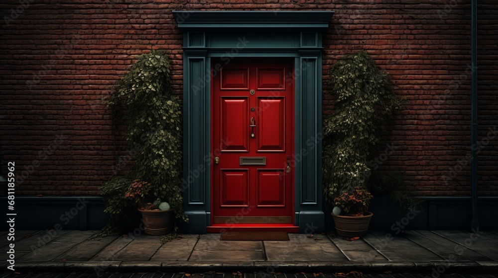 Fototapeta premium red door in the brick house ai generated