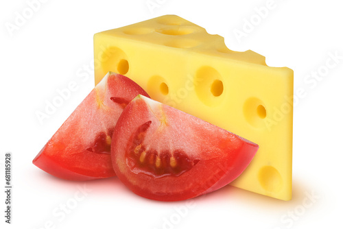 Tomato slices and cheese with holes on an isolated white background.