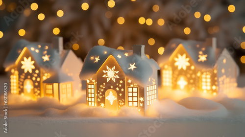 Abstract Christmas Winter Greeting Card with Wooden Houses Christmas String Lights in Cold Snow Landscape and Glowing Golden Lights in Background. Christmas or Energy themes.