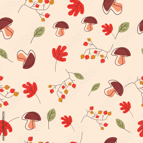 Autumn Seamless Pattern with leaves, rowanberry and mushroom. Vector Background