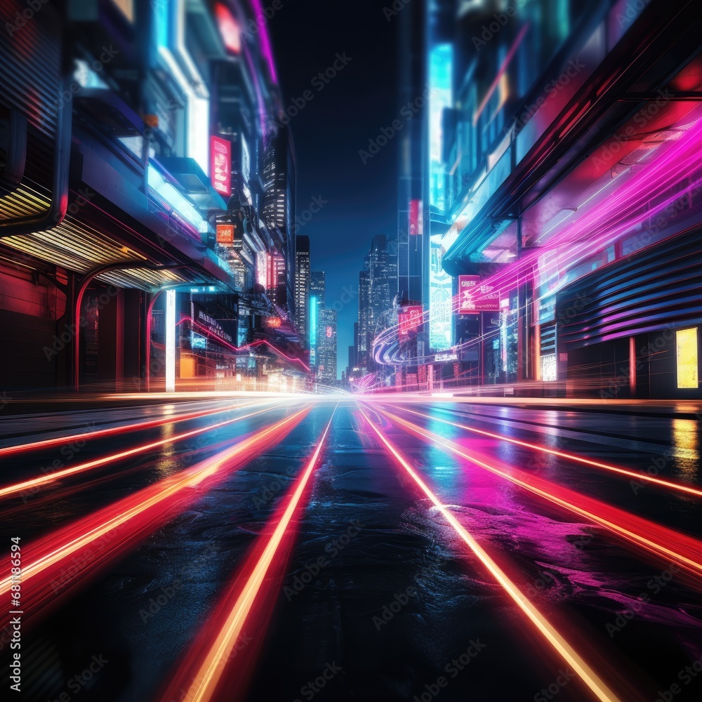 Fototapeta premium Vibrant Urban Nightscape with Dynamic Light Trails and Busy City Streets