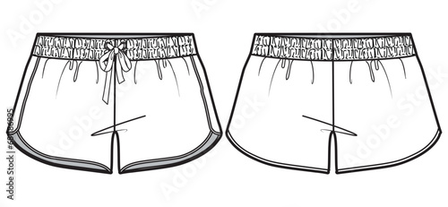 Running shorts design front and back view flat sketch fashion illustration, Active Jogger short drawing vector template