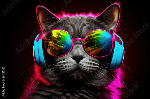 a cat in neon shades in headphones © lmot11