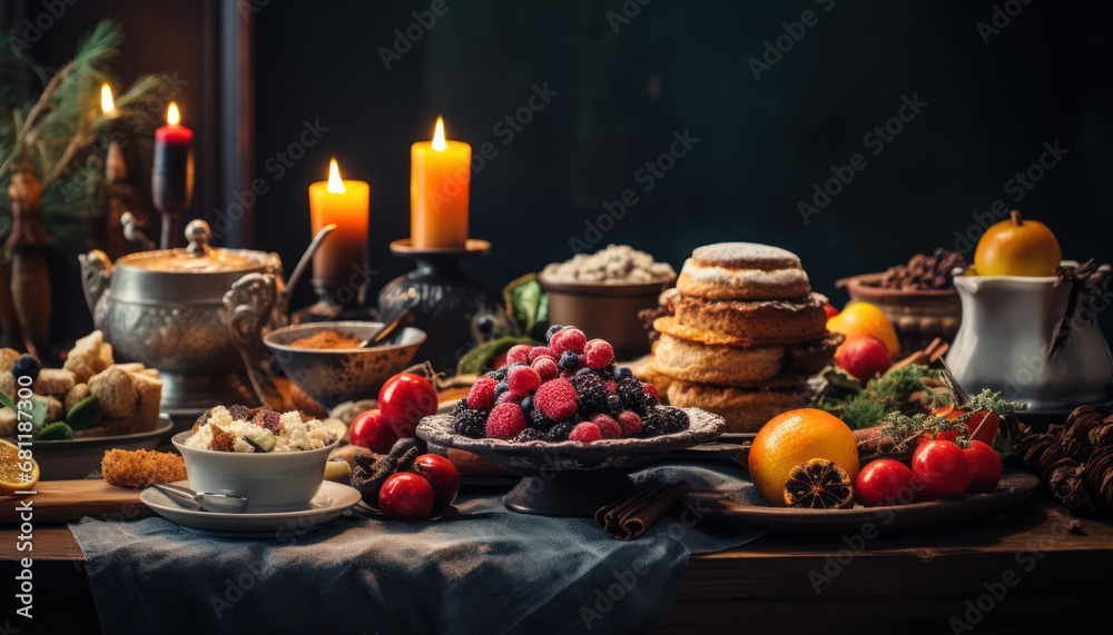 A Feast of Delights: A Table Overflowing with Delectable Food and Warmly Lit Candles