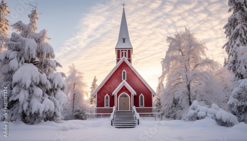 A Serene Winter Scene: The Red Church with a Snow-Covered Steeple photo