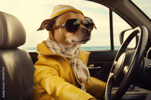 An anthropomorphic dog in clothes and glasses is driving a car © lmot11