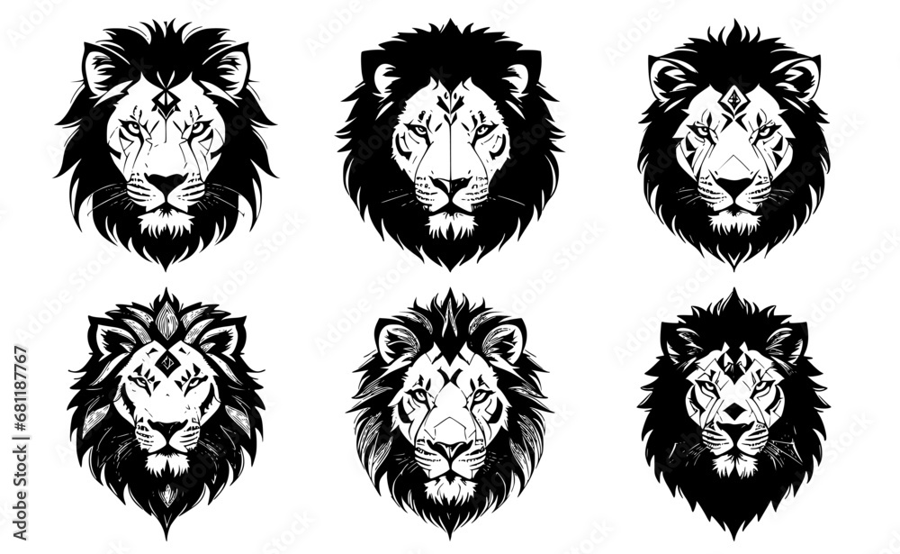 Set of lion heads with closed mouth, with different calm expressions of the muzzle. Symbols for tattoo, emblem or logo, isolated on a white background. Set of lion heads with closed mouth, with different calm expressions of the muzzle. Symbols for tattoo, emblem or logo, isolated on a white background.