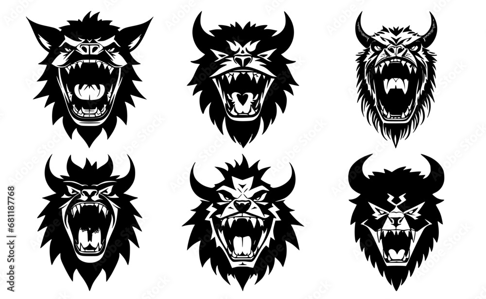 Obraz premium Set of horned monster heads with open mouth and bared fangs, with different angry expressions of the muzzle. Symbols for tattoo, emblem or logo, isolated on a white background.