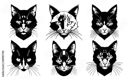 Fototapeta Naklejka Na Ścianę i Meble -  Set of cat heads with different calm expressions of the muzzle. Symbols for tattoo, emblem or logo, isolated on a white background.