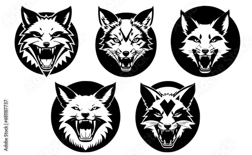 Fototapeta Naklejka Na Ścianę i Meble -  Set of fox heads with open mouth and bared fangs, with different angry expressions of the muzzle. Symbols for tattoo, emblem or logo, isolated on a white background.