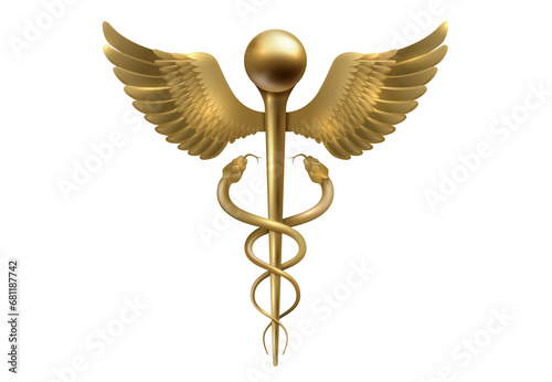 Gold Caduceus Medical Icon PNG element. Medical Snake Rod with Wings Caduceus Golden Logo Sign Template Vector Isolated on Transparent Background