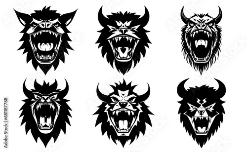 Set of horned monster heads with open mouth and bared fangs, with different angry expressions of the muzzle. Symbols for tattoo, emblem or logo, isolated on a white background.