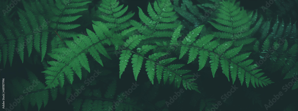 Natural fern pattern. Beautiful background made with young green fern leaves. Wet green foliage natural floral background. Rainy forest