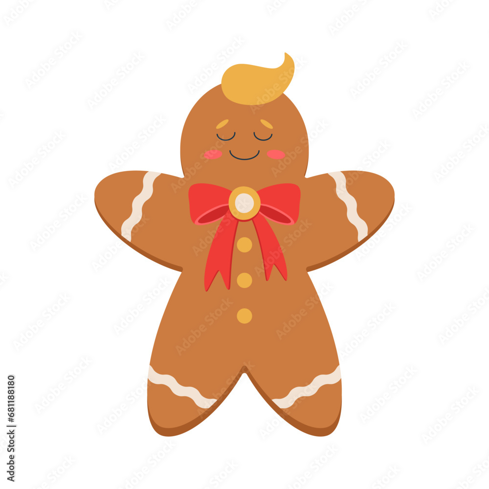 Fototapeta premium Christmas gingerbread with a red ribbon around the neck and cream. Winter holiday element.