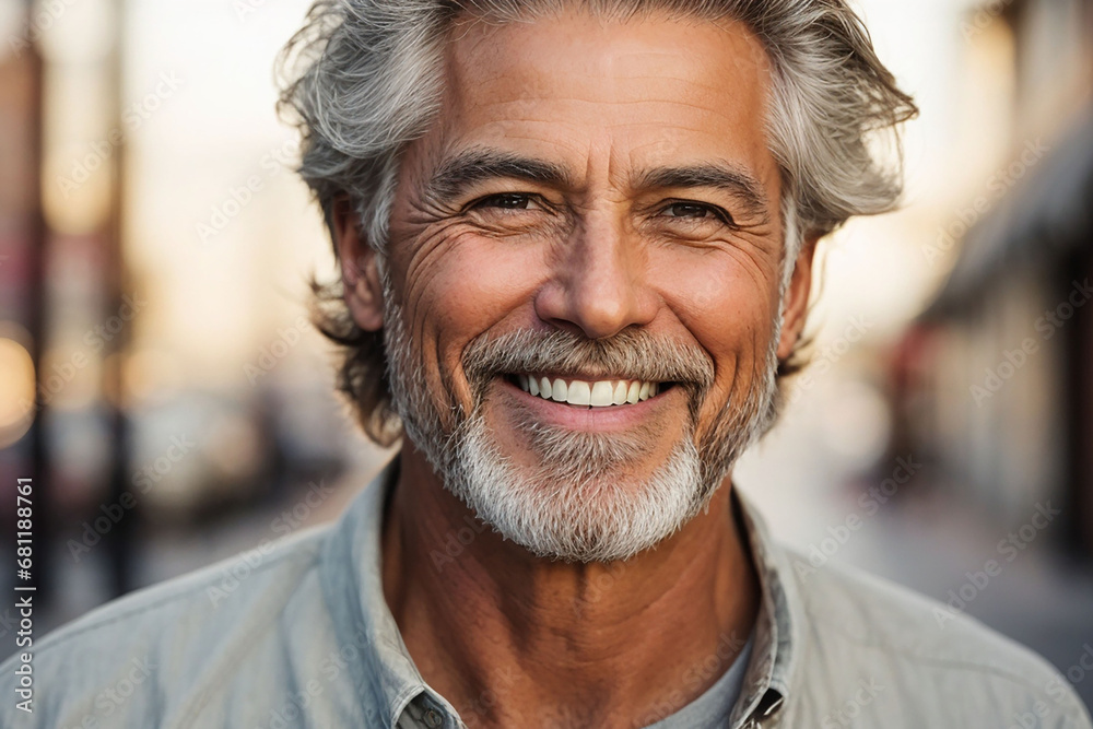 A closeup photo portrait of a handsome old mature man smiling with clean teeth, Man with fresh stylish hair and beard with strong jawline, Isolated on white background, Portrait of a senior man