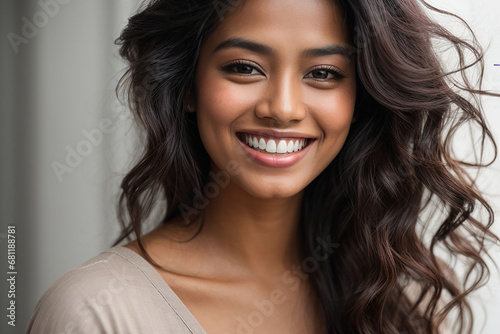 A closeup photo portrait of a beautiful young asian woman smiling with clean teeth, Portrait of a woman
