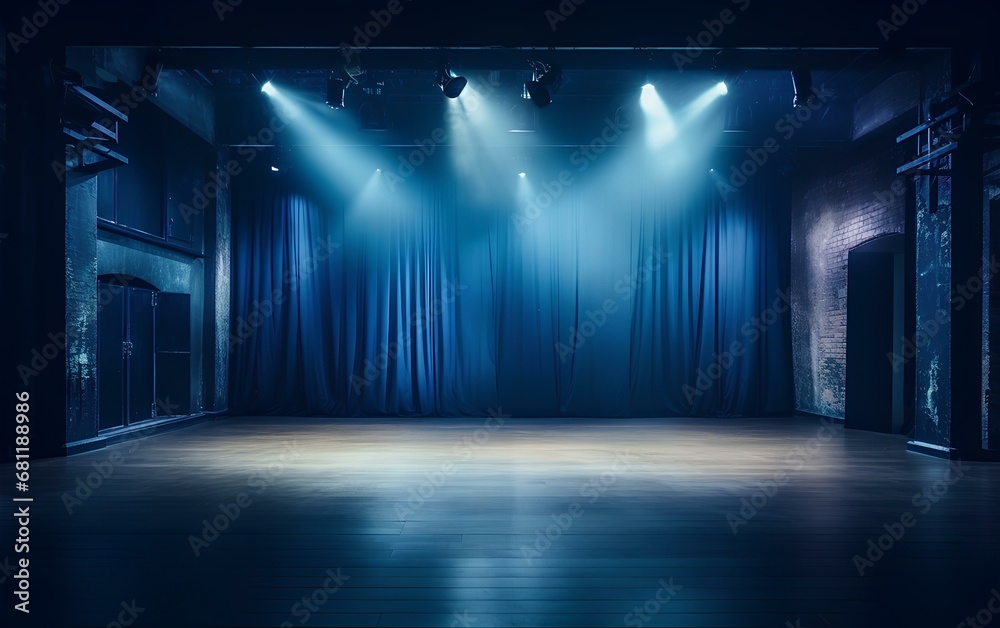 A beautiful empty theater stage with blue cabaret-style curtains, with spotlights.