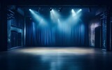 A beautiful empty theater stage with blue cabaret-style curtains, with spotlights.