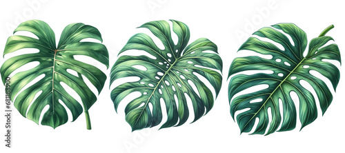 Monstera leaf on white background, isolated, realistic botanical drawing by hand, watercolor, element for design. Generative AI.