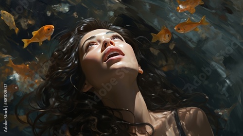 woman swimming with fish ai generated