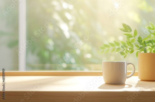 Wooden table and sunlit wall, product mockup template