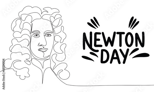 Issac Newton one line continuous banner. Line art portrait of Issac Newton with text Newton day. Issac Newton day banner. Hand drawn vector art