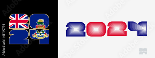 Year 2024 with flag of Cayman Islands and in color palate of Cayman Islands flag. Happy New Year 2024 in two different style.