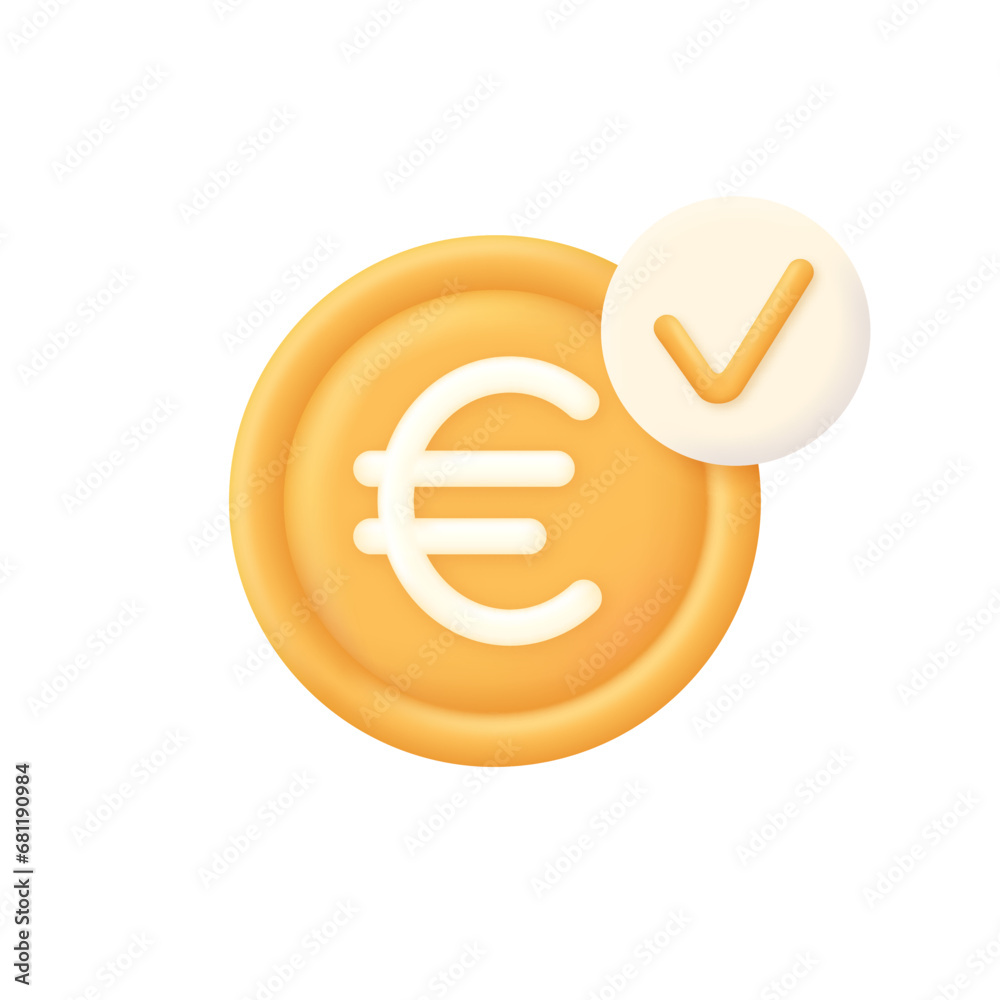 3D Euro and check mark illustration. Approved Payment icon. Successful transaction. Buy or sell currency online. 3D Euro and check mark illustration. Approved Payment icon. Successful transaction. Buy or sell currency online.