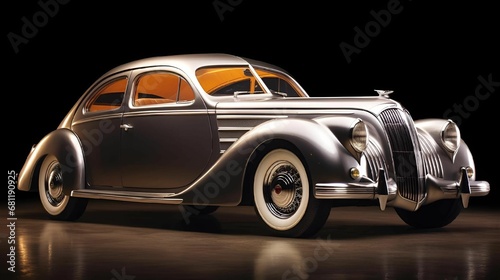 AI generated illustration of an antique silver automobile with no hood, gleaming in the light photo