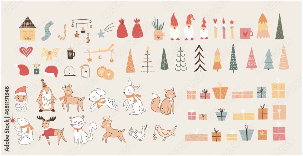 Merry Christmas set, New Year's set, with cute elements for design. Christmas tree, santa, cute animals, toys for the Christmas tree. For cards, banners, website, icons, fabrics Merry Christmas set, New Year's set, with cute elements for design. Christmas tree, santa, cute animals, toys for the Christmas tree. For cards, banners, website, icons, fabrics