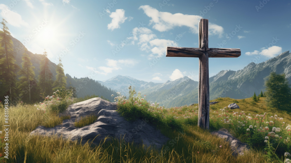 Wooden cross-gravestone in nature. Symbol of religion of faith and memory Wooden cross-gravestone in nature. Symbol of religion of faith and memory