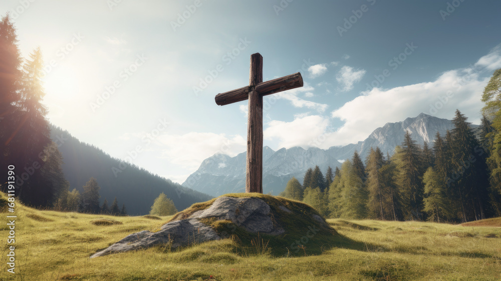 Wooden cross-gravestone in nature. Symbol of religion of faith and memory