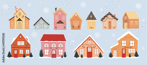 Christmas set of festive winter houses. Cozy houses decorated for the holiday collection