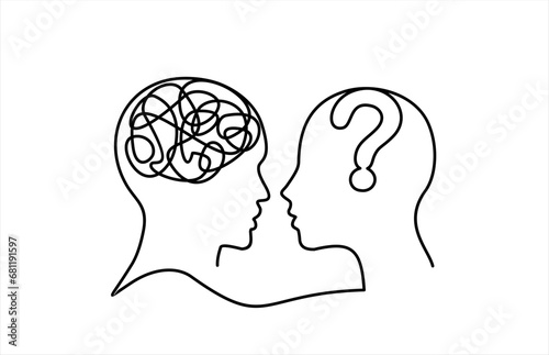 Concept of confusion in the head and question mark. Continuous One line drawing. Problems stress illness and depression concept