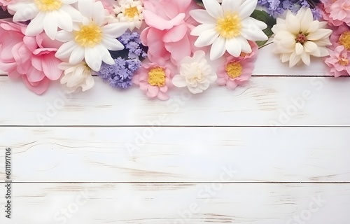 colorful spring flowers on white wooden table for greeting holiday card decor © Oleksiy