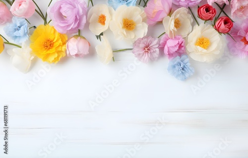 colorful spring flowers on white wooden table for greeting holiday card decor